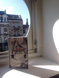 Matkalukemisto nähtynä hotellihuoneen ikkunan valossa