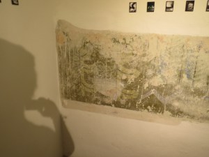 Näyttelytila on vanhassa, kivitalossa, sen seinästä on paljastettu pala talon tarinaa - Majaniemen pikkukuvissa omia tarinoita, ja kuvaajan varjokuvassa toinen tarina.